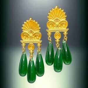 18k Matte Gold Plated European Architectural Emerald Droplet Dangle Earrings